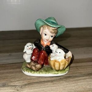 Vintage Maxam Porcelain Figurine Boy With Puppy Dogs In Basket Hand Painted